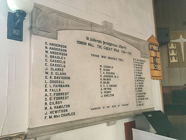 First World War commemorative plaque inside St. Andrew’s United Church
