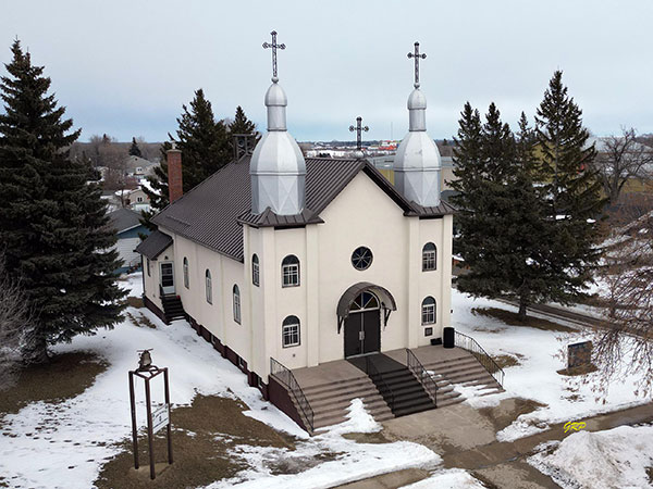 Aerial view of St. John the Baptist Ukrainian Catholic Church in Neepawa