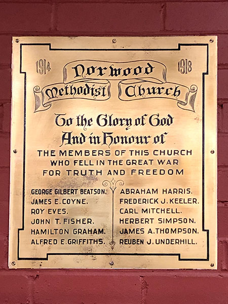 First World War commemorative plaque for Norwood Methodist Church