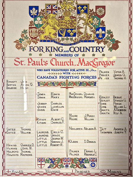 Second World War honour roll in St. Paul&rsquo;s Anglican Church at MacGregor