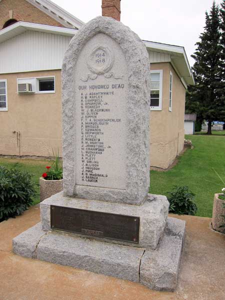 Strathclair War Memorial in front of the Strathclair Municipal Hall