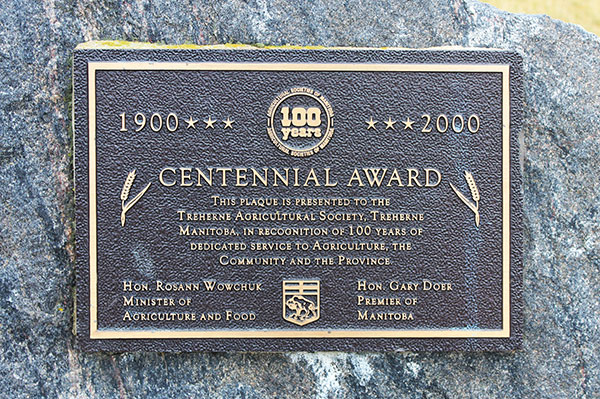 Plaque on the Treherne Agricultural Society centennial monument