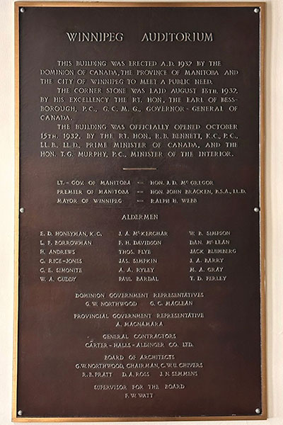 Plaque in the former Winnipeg Auditorium