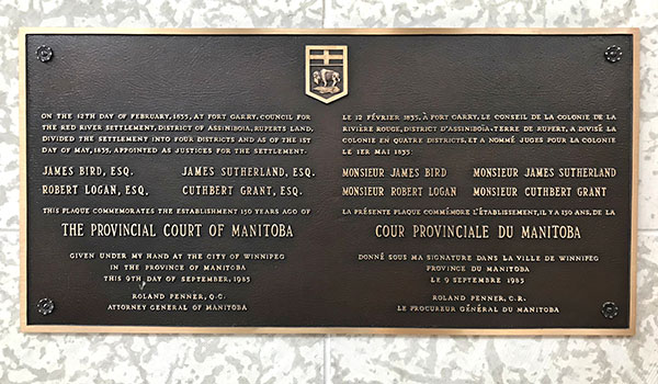 Court commemorative plaque inside the Winnipeg Law Courts Building