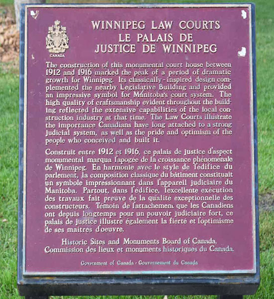 Commemorative plaque outside the Winnipeg Law Courts Building