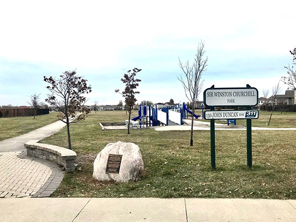 Sir Winston Churchill Park sign and commemorative plaque
